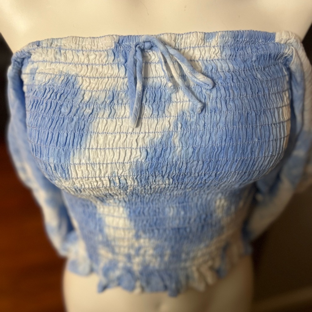 Emory Park NWT tube top top on/off shoulder sleeves blue/white elastic,stretch L - Picture 3 of 16